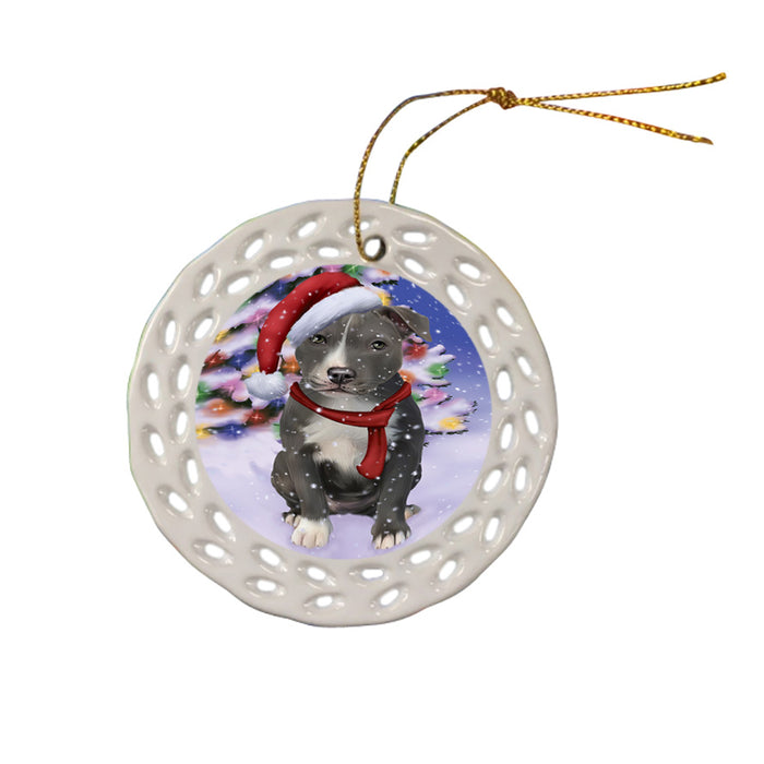 Winterland Wonderland American Staffordshire Terrier Dog In Christmas Holiday Scenic Background Ceramic Doily Ornament DPOR53727