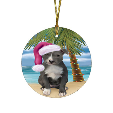 Summertime Happy Holidays Christmas American Staffordshire Terrier Dog on Tropical Island Beach Round Flat Christmas Ornament RFPOR54520
