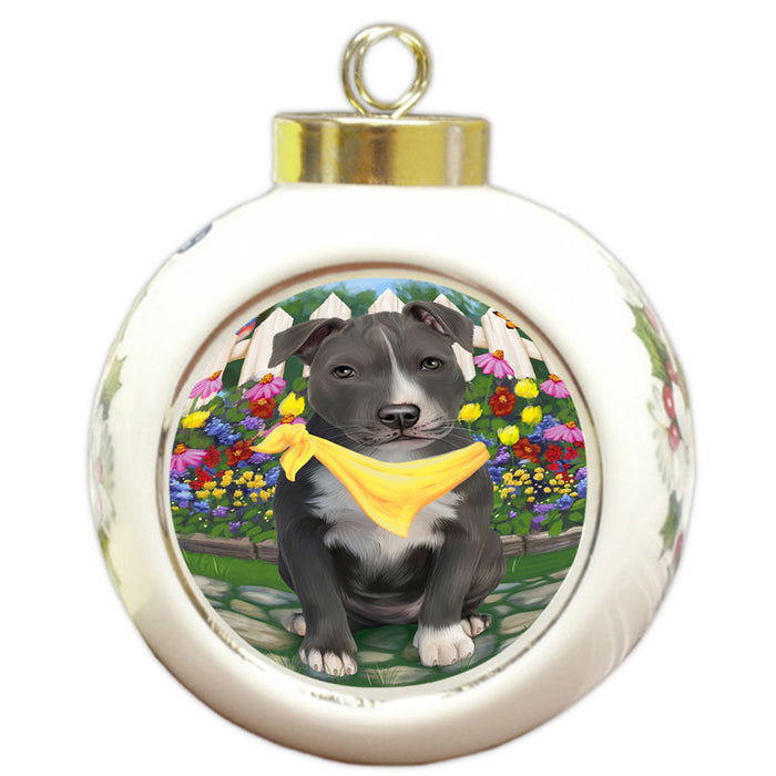 Spring Floral American Staffordshire Terrier Dog Round Ball Christmas Ornament RBPOR52228