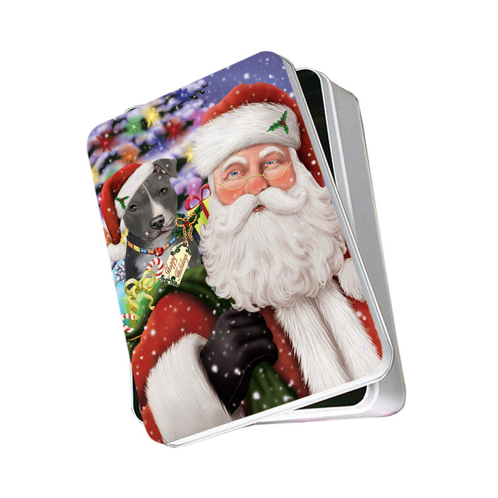 Santa Carrying American Staffordshire Terrier Dog and Christmas Presents Photo Storage Tin PITN53611