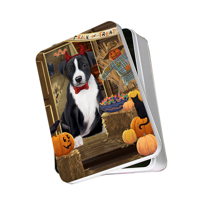 Enter at Own Risk Trick or Treat Halloween American Staffordshire Terrier Dog Photo Storage Tin PITN52947