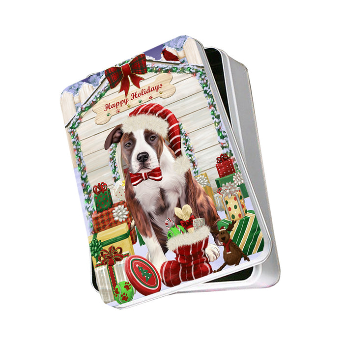 Happy Holidays Christmas American Staffordshire Terrier Dog With Presents Photo Storage Tin PITN52625