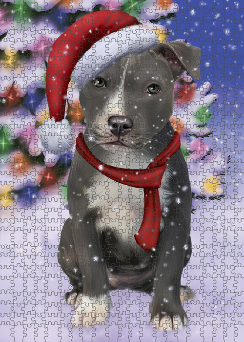 Winterland Wonderland American Staffordshire Terrier Dog In Christmas Holiday Scenic Background Puzzle with Photo Tin PUZL82064