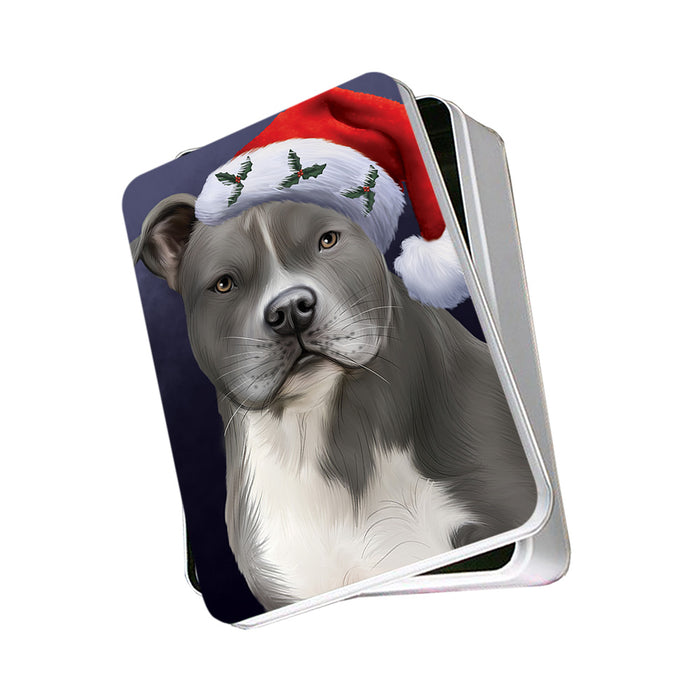 Christmas Holidays American Staffordshire Terrier Dog Wearing Santa Hat Portrait Head Photo Storage Tin PITN53488