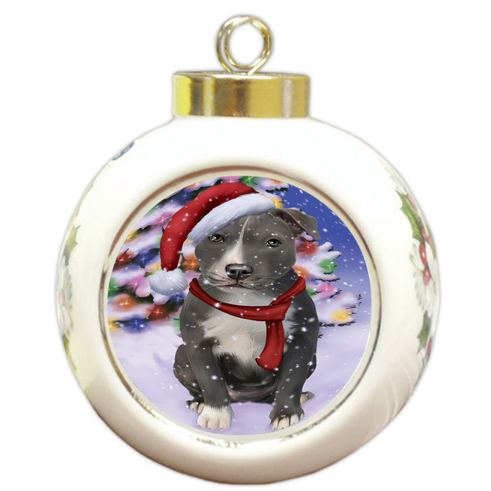 Winterland Wonderland American Staffordshire Terrier Dog In Christmas Holiday Scenic Background Round Ball Christmas Ornament RBPOR53727