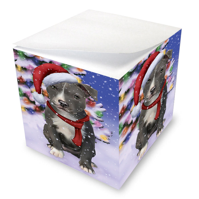 Winterland Wonderland American Staffordshire Terrier Dog In Christmas Holiday Scenic Background Note Cube NOC55373