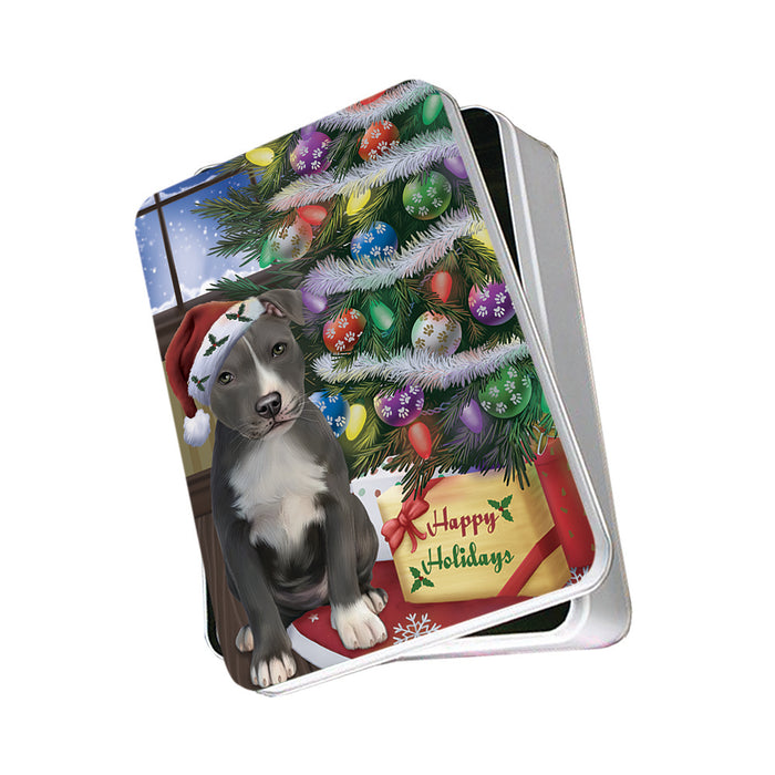 Christmas Happy Holidays American Staffordshire Terrier Dog with Tree and Presents Photo Storage Tin PITN53437