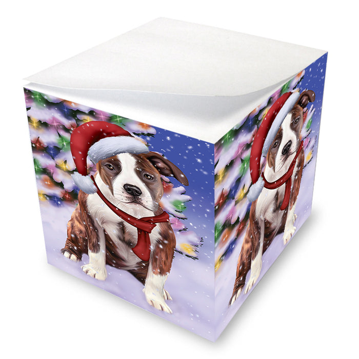Winterland Wonderland American Staffordshire Terrier Dog In Christmas Holiday Scenic Background Note Cube NOC55374