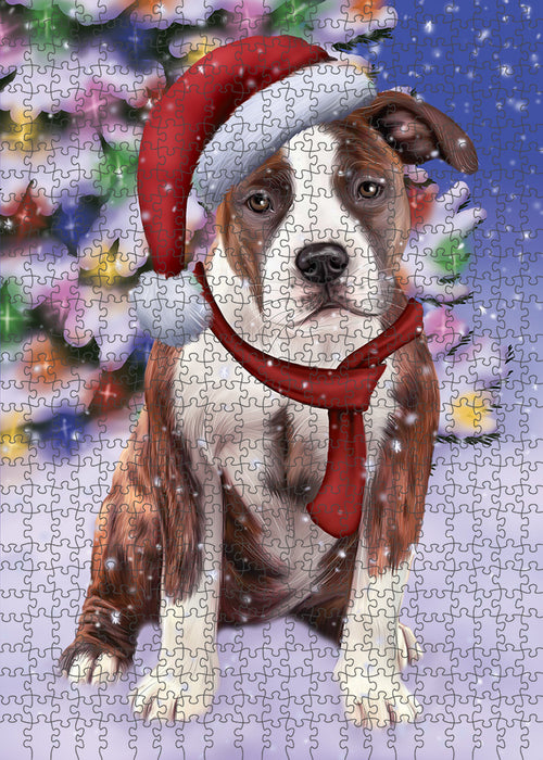 Winterland Wonderland American Staffordshire Terrier Dog In Christmas Holiday Scenic Background Puzzle with Photo Tin PUZL82068