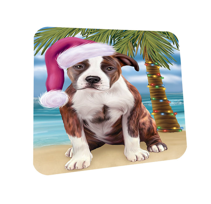 Summertime Happy Holidays Christmas American Staffordshire Terrier Dog on Tropical Island Beach Coasters Set of 4 CST54360
