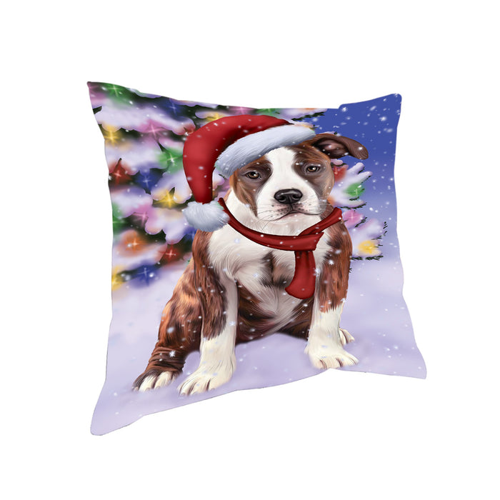 Winterland Wonderland American Staffordshire Terrier Dog In Christmas Holiday Scenic Background Pillow PIL71536