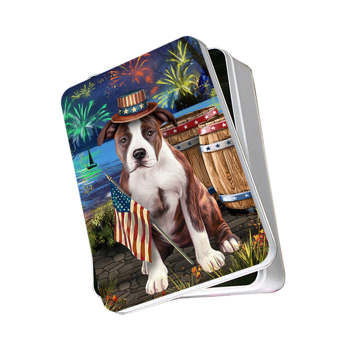 4th of July Independence Day Fireworks American Staffordshire Terrier Dog at the Lake Photo Storage Tin PITN51077
