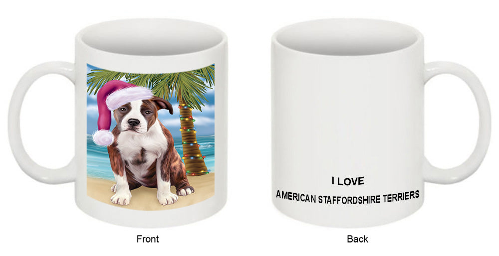 Summertime Happy Holidays Christmas American Staffordshire Terrier Dog on Tropical Island Beach Coffee Mug MUG49800