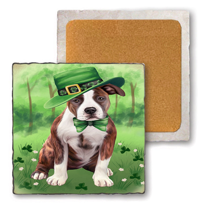 St. Patricks Day Irish Portrait American Staffordshire Terrier Dog Set of 4 Natural Stone Marble Tile Coasters MCST51971
