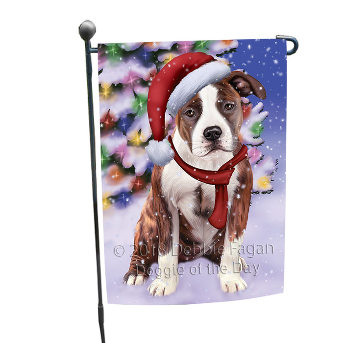 Winterland Wonderland American Staffordshire Terrier Dog In Christmas Holiday Scenic Background Garden Flag GFLG53790