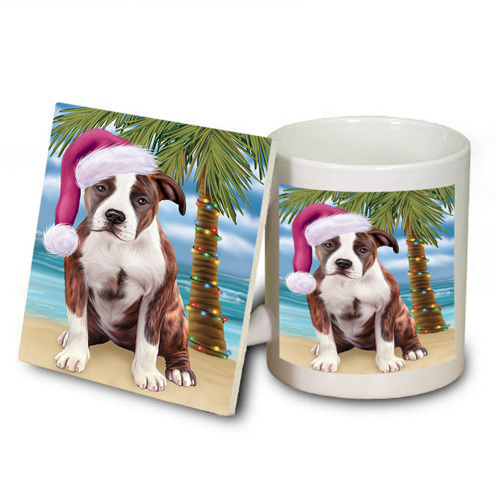 Summertime Happy Holidays Christmas American Staffordshire Terrier Dog on Tropical Island Beach Mug and Coaster Set MUC54394