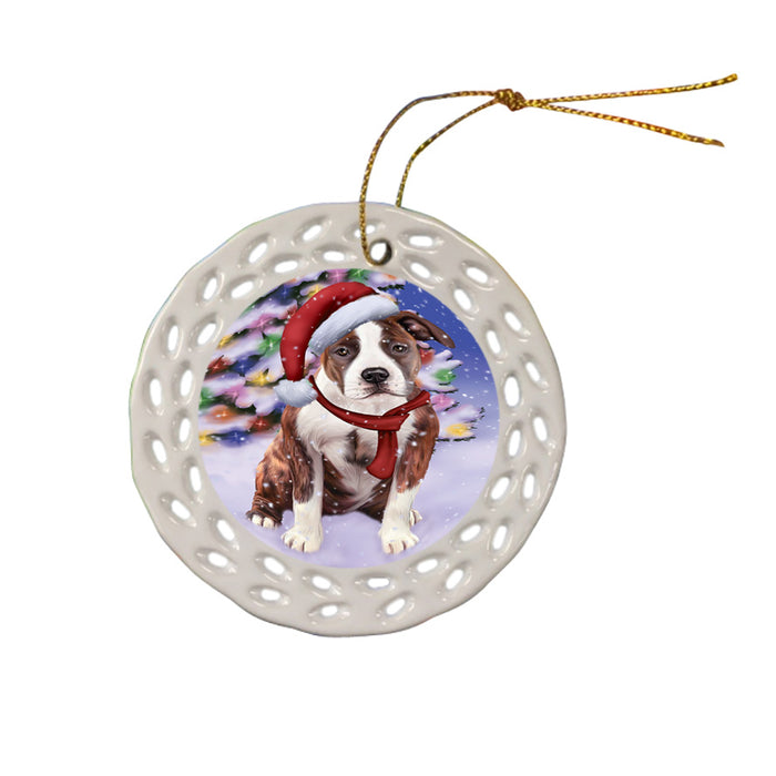 Winterland Wonderland American Staffordshire Terrier Dog In Christmas Holiday Scenic Background Ceramic Doily Ornament DPOR53728