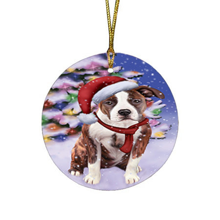 Winterland Wonderland American Staffordshire Terrier Dog In Christmas Holiday Scenic Background Round Flat Christmas Ornament RFPOR53719