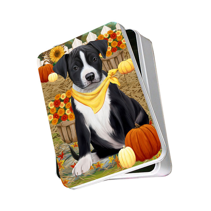 Fall Autumn Greeting American Staffordshire Terrier Dog with Pumpkins Photo Storage Tin PITN52300