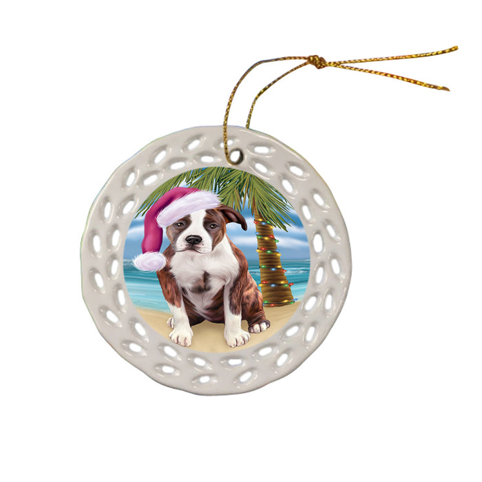 Summertime Happy Holidays Christmas American Staffordshire Terrier Dog on Tropical Island Beach Ceramic Doily Ornament DPOR54530