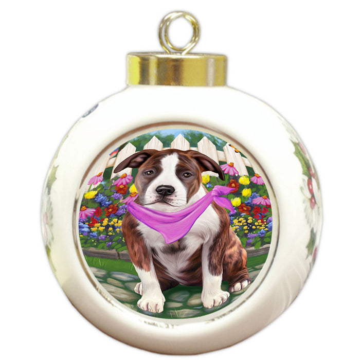 Spring Floral American Staffordshire Terrier Dog Round Ball Christmas Ornament RBPOR52229