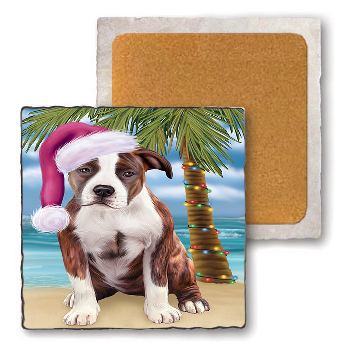 Summertime Happy Holidays Christmas American Staffordshire Terrier Dog on Tropical Island Beach Set of 4 Natural Stone Marble Tile Coasters MCST49402