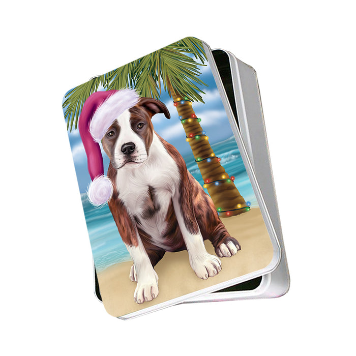 Summertime Happy Holidays Christmas American Staffordshire Terrier Dog on Tropical Island Beach Photo Storage Tin PITN54345