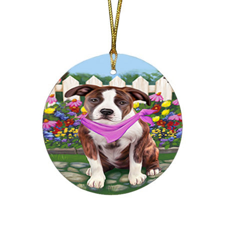 Spring Floral American Staffordshire Terrier Dog Round Flat Christmas Ornament RFPOR52220