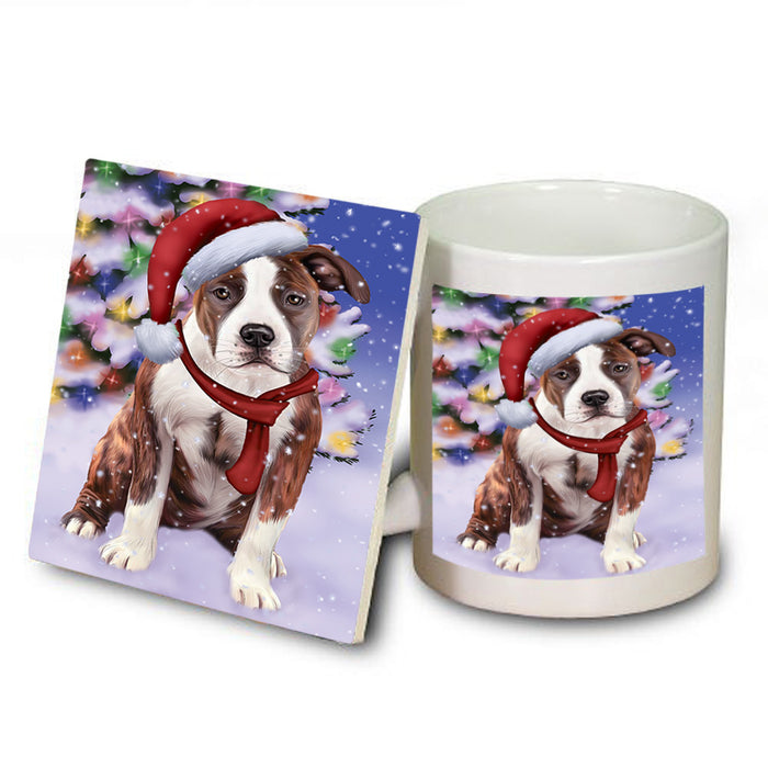 Winterland Wonderland American Staffordshire Terrier Dog In Christmas Holiday Scenic Background Mug and Coaster Set MUC53720