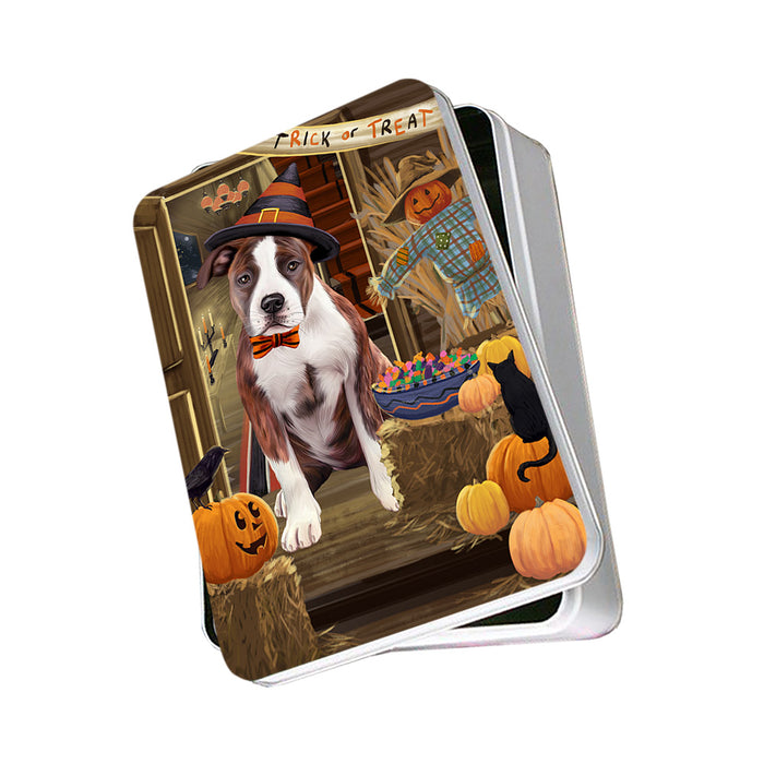 Enter at Own Risk Trick or Treat Halloween American Staffordshire Terrier Dog Photo Storage Tin PITN52948