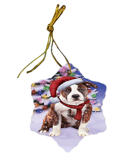 Winterland Wonderland American Staffordshire Terrier Dog In Christmas Holiday Scenic Background Star Porcelain Ornament SPOR53719