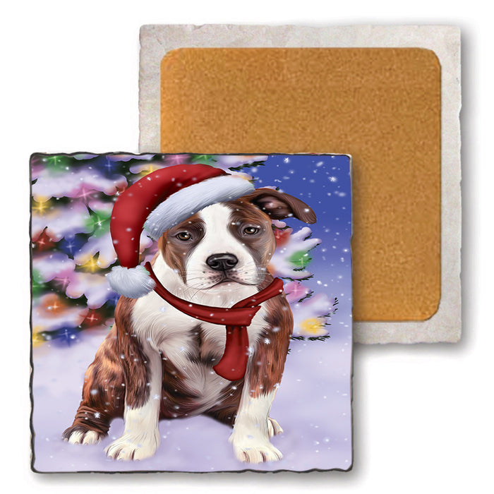 Winterland Wonderland American Staffordshire Terrier Dog In Christmas Holiday Scenic Background Set of 4 Natural Stone Marble Tile Coasters MCST48728