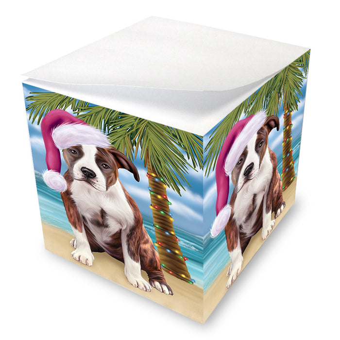 Summertime Happy Holidays Christmas American Staffordshire Terrier Dog on Tropical Island Beach Note Cube NOC56048