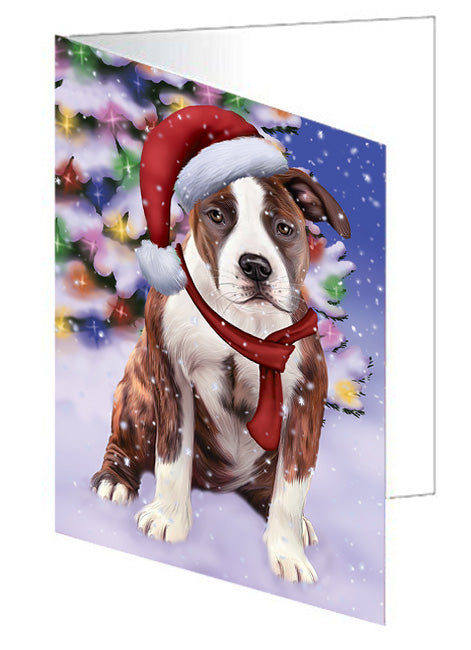 Winterland Wonderland American Staffordshire Terrier Dog In Christmas Holiday Scenic Background Handmade Artwork Assorted Pets Greeting Cards and Note Cards with Envelopes for All Occasions and Holiday Seasons GCD65213
