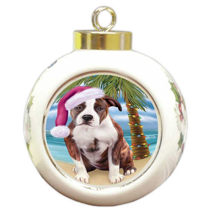 Summertime Happy Holidays Christmas American Staffordshire Terrier Dog on Tropical Island Beach Round Ball Christmas Ornament RBPOR54530
