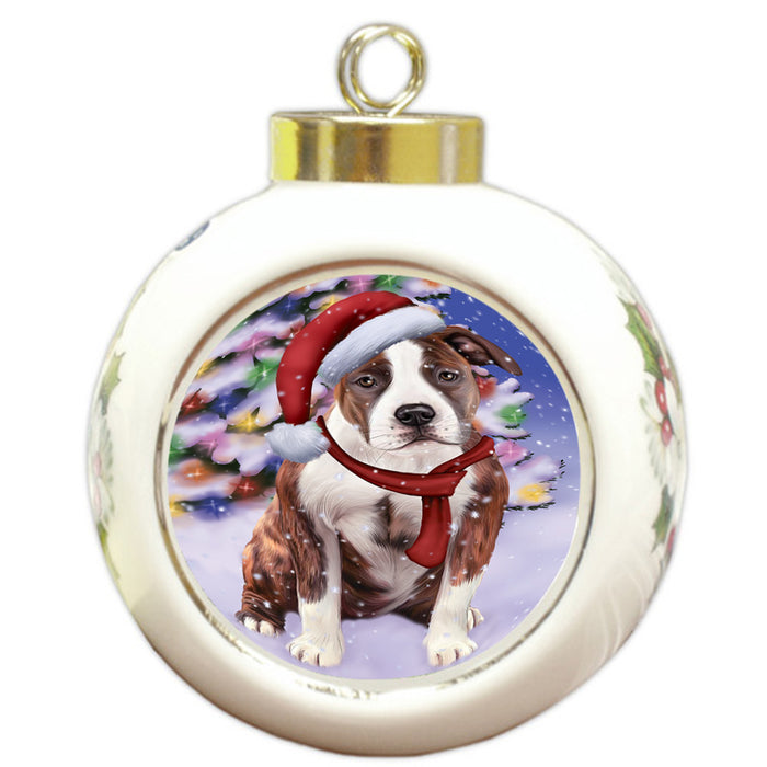 Winterland Wonderland American Staffordshire Terrier Dog In Christmas Holiday Scenic Background Round Ball Christmas Ornament RBPOR53728