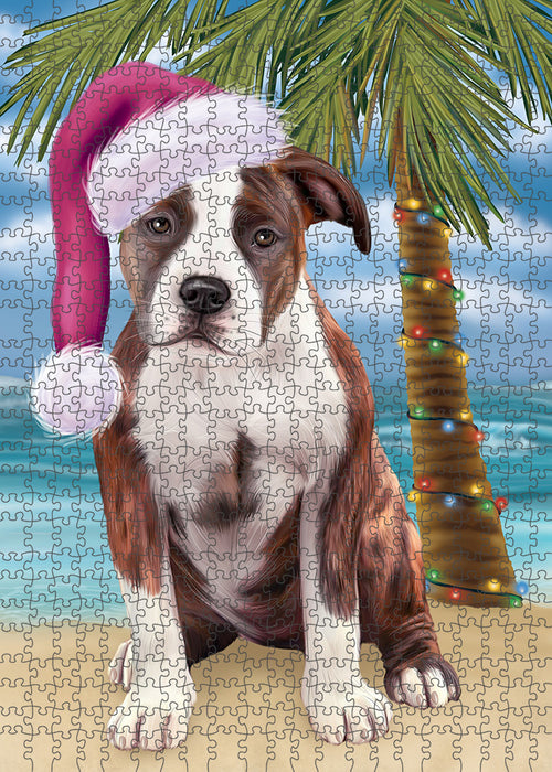Summertime Happy Holidays Christmas American Staffordshire Terrier Dog on Tropical Island Beach Puzzle with Photo Tin PUZL85276