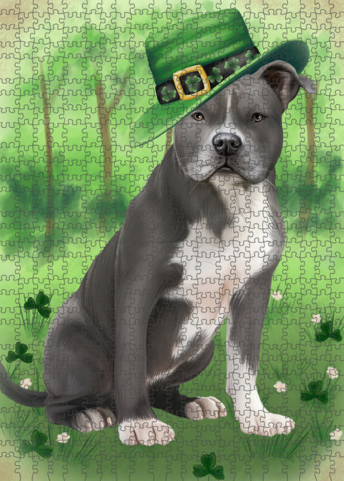 St. Patricks Day Irish Portrait American Staffordshire Terrier Dog Portrait Jigsaw Puzzle for Adults Animal Interlocking Puzzle Game Unique Gift for Dog Lover's with Metal Tin Box PZL015