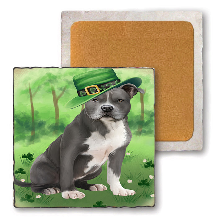 St. Patricks Day Irish Portrait American Staffordshire Terrier Dog Set of 4 Natural Stone Marble Tile Coasters MCST51972
