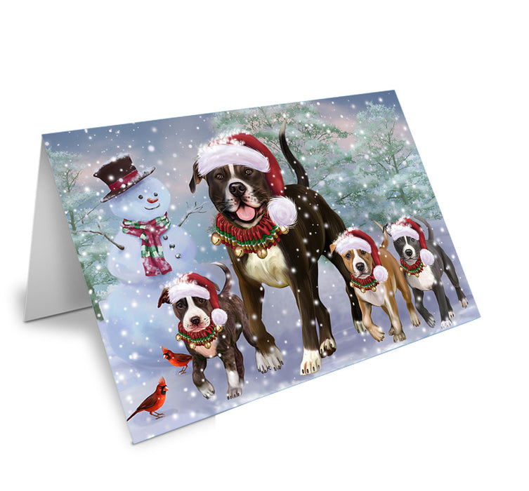 Christmas Running Family American Staffordshire Terrier Dogs Handmade Artwork Assorted Pets Greeting Cards and Note Cards with Envelopes for All Occasions and Holiday Seasons GCD75266