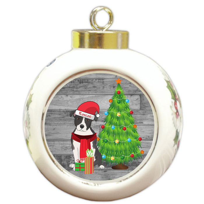 Custom Personalized American Staffordshire Terrier Dog With Tree and Presents Christmas Round Ball Ornament