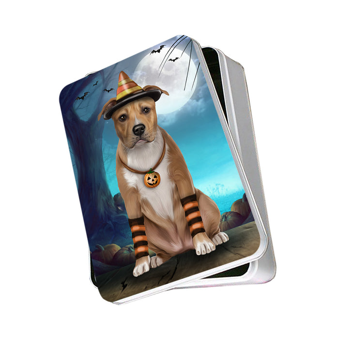 Happy Halloween Trick or Treat American Staffordshire Terrier Dog Candy Corn Photo Storage Tin PITN52501