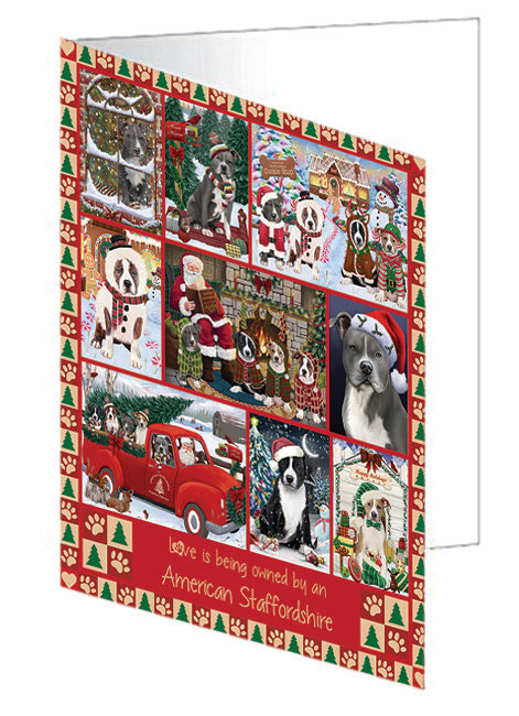 Love is Being Owned Christmas American Staffordshire Terrier Dogs Handmade Artwork Assorted Pets Greeting Cards and Note Cards with Envelopes for All Occasions and Holiday Seasons GCD78797