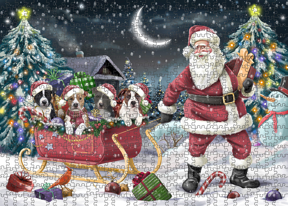 Santa Sled Dogs Christmas Happy Holidays American Staffordshire Terriers Dog Puzzle with Photo Tin PUZL59220