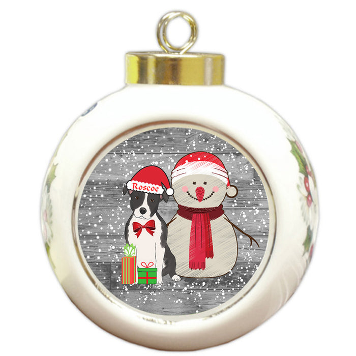 Custom Personalized Snowy Snowman and American Staffordshire Terrier Dog Christmas Round Ball Ornament