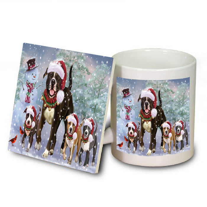Christmas Running Family American Staffordshire Terrier Dogs Mug and Coaster Set MUC57116