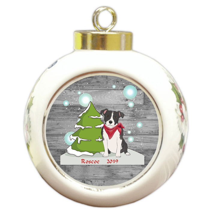 Custom Personalized Winter Scenic Tree and Presents American Staffordshire Terrier Dog Christmas Round Ball Ornament