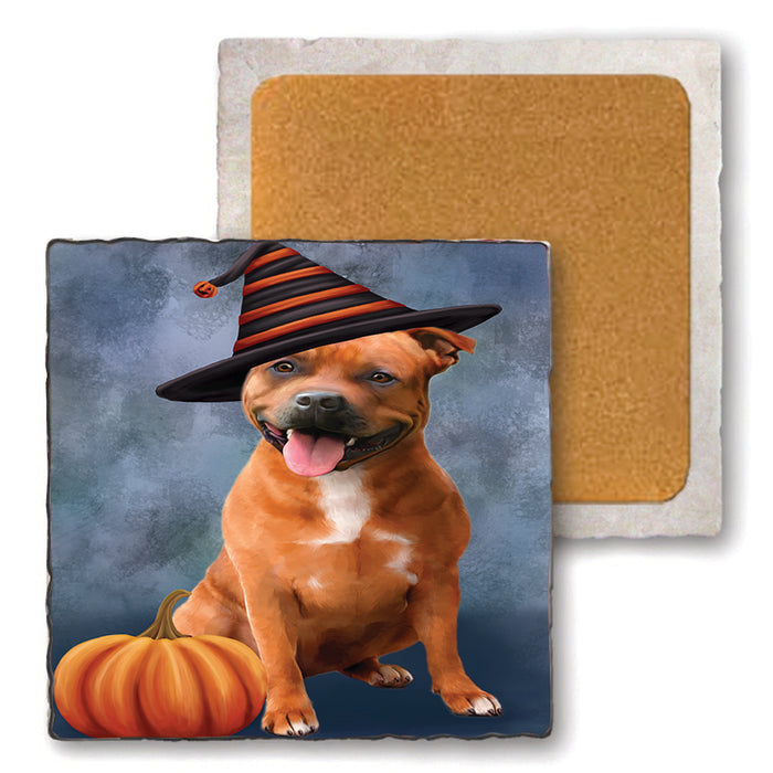 Happy Halloween American Staffordshire Terrier Dog Wearing Witch Hat with Pumpkin Set of 4 Natural Stone Marble Tile Coasters MCST49784