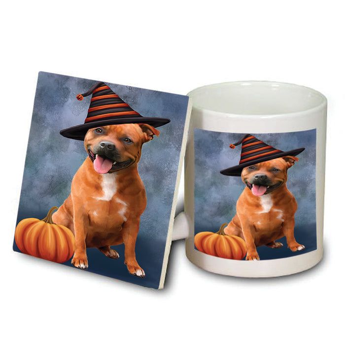 Happy Halloween American Staffordshire Terrier Dog Wearing Witch Hat with Pumpkin Mug and Coaster Set MUC54776