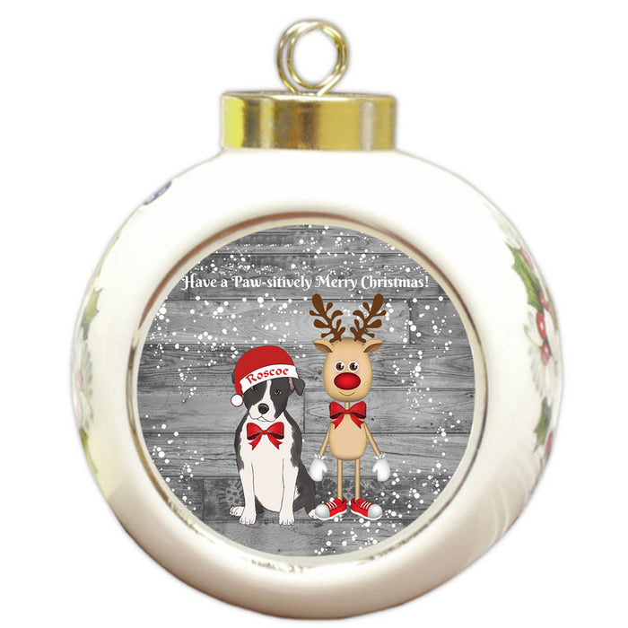 Custom Personalized American Staffordshire Terrier Dog Reindeer and Pooch Christmas Round Ball Ornament